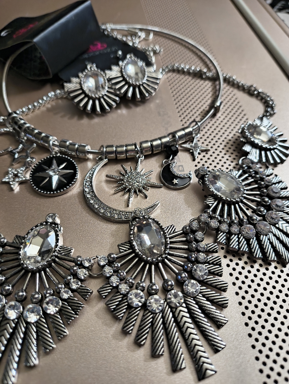 Statement Crystal Fan Pendant Necklace  Set.  Silver Tone